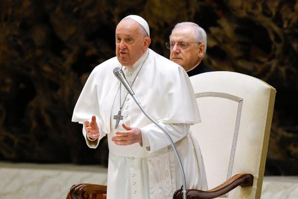 Pope Francis stands during his general audience.