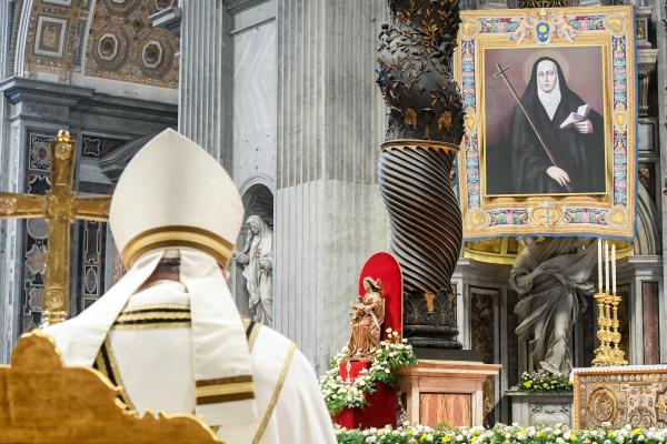 Pope Francis prays during the Mass for the canonization of St. Maria Antonia de Paz Figueroa, known as Mama Antula, in St. Peter's Basilica at the Vatican Feb. 11, 2024. 