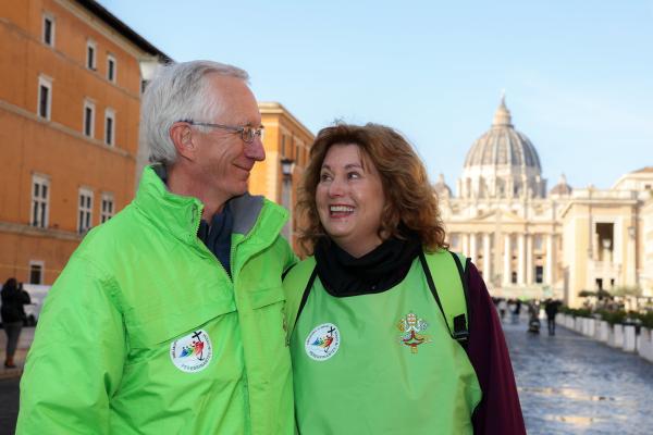 Craig and Laura Schlattmann from Tacoma, Washington, smile at each other as they pose for a photo in Rome.