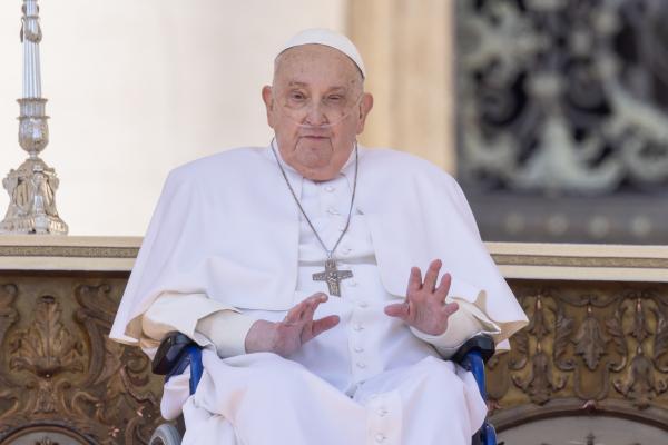 Pope Francis appears in St. Peter's Square.