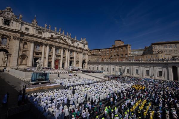Cardinal Pietro Parolin, former Vatican secretary of state, celebrates Mass on the second day of the "novendiali" -- nine days of mourning for Pope Francis marked by Masses -- in St. Peter's Square.