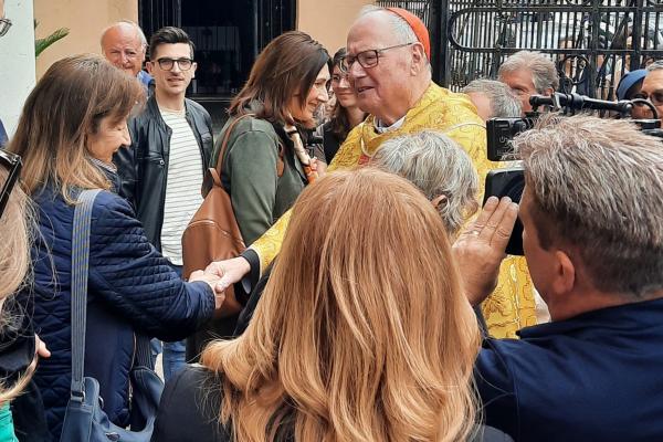 Cardinal Dolan outside his titular church in Rome
