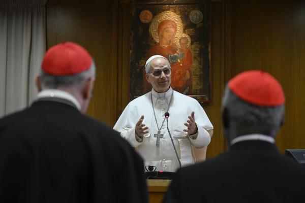 Pope Leo XIV speaks to members of the College of Cardinals
