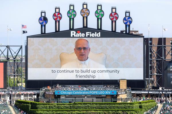 Pope Leo XIV delivers a video message during a public celebration hosted by the Chicago White Sox and the Archdiocese of Chicago.