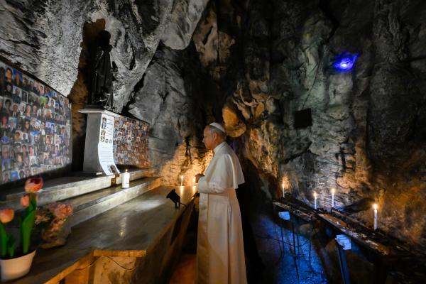 Pope Leo XIV prays in the Cave of St. Benedict at Mentorella