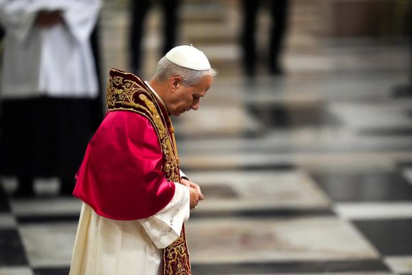 Pope Leo prays at the Basilica of St. Paul Outside the Walls