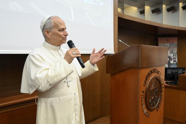 Pope Leo speaks to students at the Lateran University in Rome