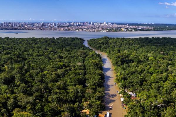 A drone view of Belem, Brazil, across the river