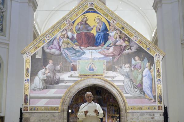 Pope Leo in front of the Porziuncola in Assisi