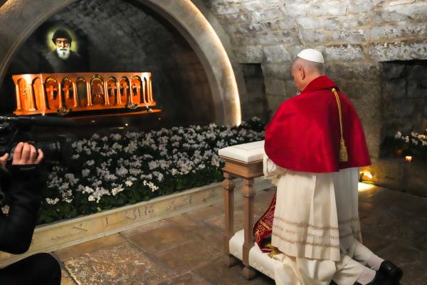 Pope Leo prays at the tomb of St. Charbel