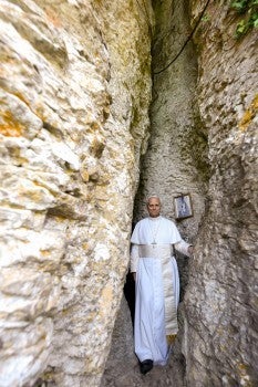 Pope Leo XIV leaves the Cave of St. Benedict at Mentorella