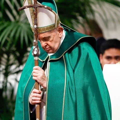 Pope Francis holds his crosier.