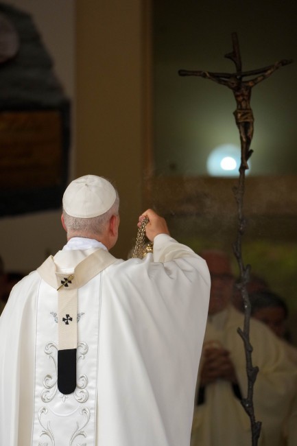 Pope Leo XIV celebrates Mass at the Church of Maria Santissima del Lago in Castel Gandolfo, Italy, Aug. 29, 2026, the feast of Our Lady of the Lake. (CNS photo/Lola Gomez)