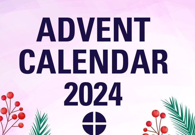 purple text reading "advent calendar 2024" and sprigs of holly and greenery around the 4 advent wreath candels