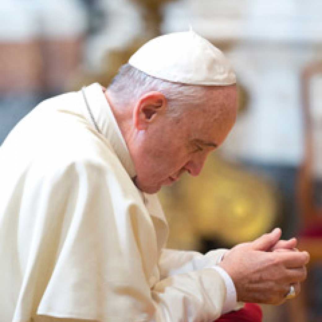 Pope Francis prays in front of the icon of Salus Populi Romani," (health of the Roman people), at the Basilica of St. Mary Major in Rome. (CNS photo/L'Osservatore Romano)"