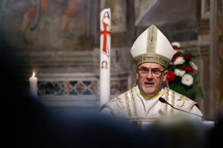 Cardinal Pierbattista Pizzaballa, patriarch of Jerusalem, delivers his homily while celebrating Mass.