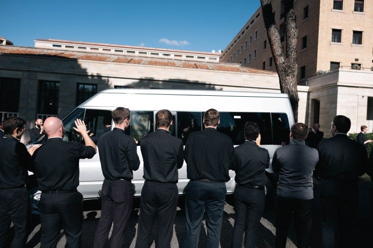 U.S. cardinals receive a sendoff from seminarians at the Pontifical North American College in Rome.
